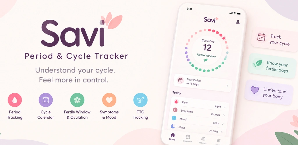Savi: Period & Cycle Tracker Feature Graphic